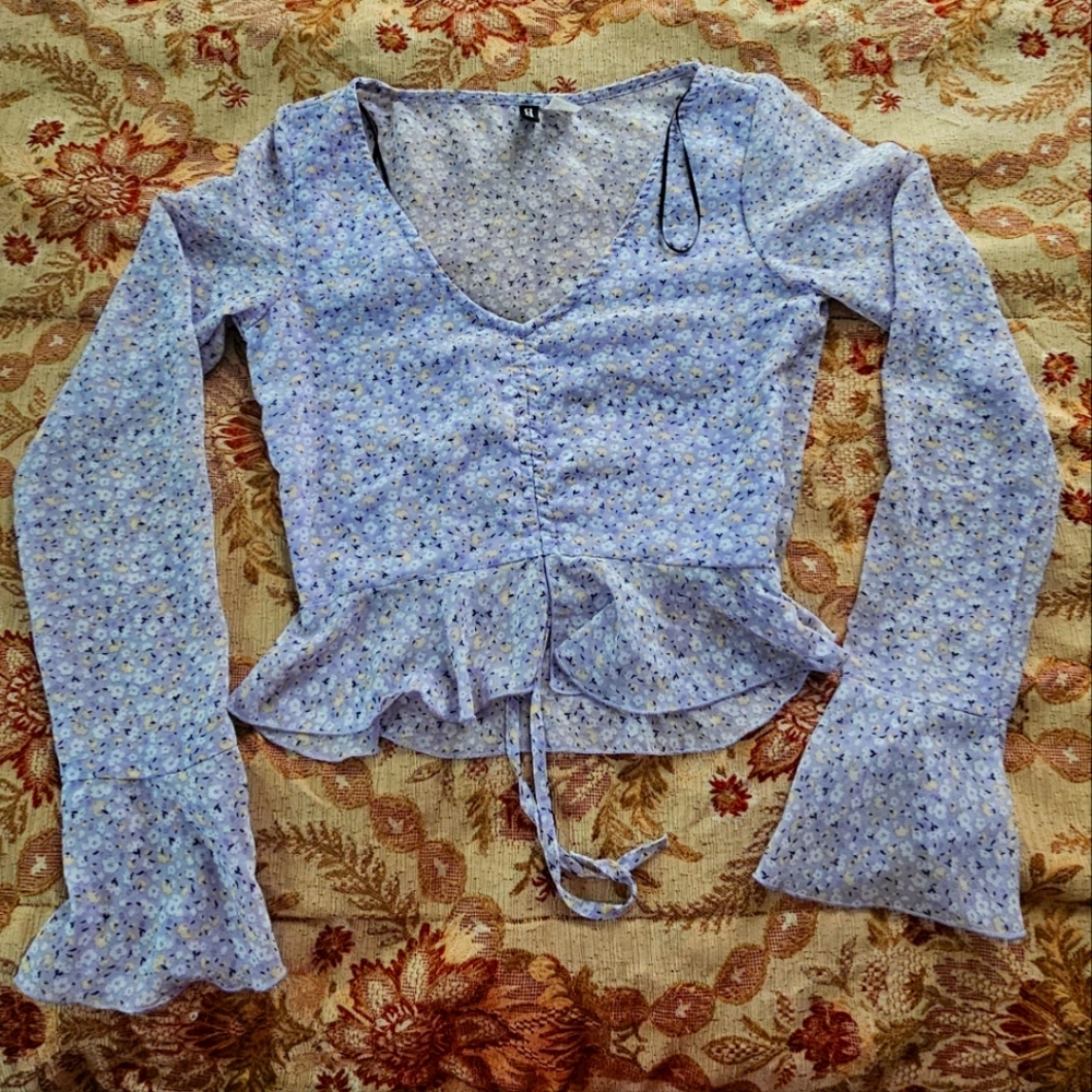 Divided XS Long Sleeve Floral Print Tie Front Peplum Blouse